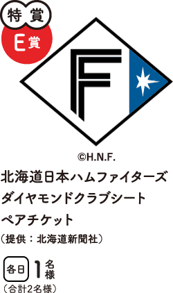 特賞E賞　北海道日本ハムファイターズダイヤモンドクラブシートペアチケット（提供：北海道新聞社）　合計2名様