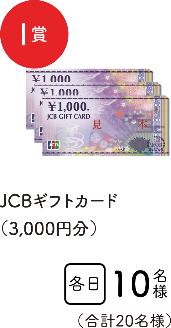 特賞I賞　JCBギフトカード（3,000円分）　各日10名様　合計20名様